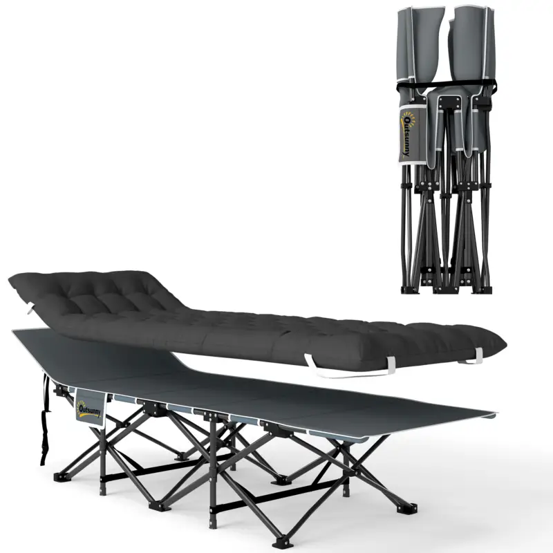 Outsunny Pat de Camping Pliabil cu Suport pentru Cap Înclinat și Saltea Detașabilă, 196x68x37 cm, Negru Super ofertă