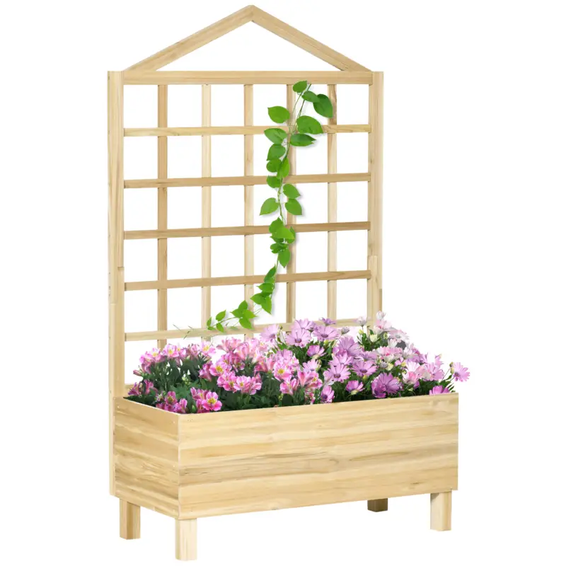 Outsunny Ghivece din Lemn cu Grilaj pentru Catarat Vita de Vie, Paturi Suprainaltate pentru Gradina din Curte, Jardiniera in Aer Liber pentru Legume, Flori, Ierburi, Nuanta Natur Antichizata Doar azi
