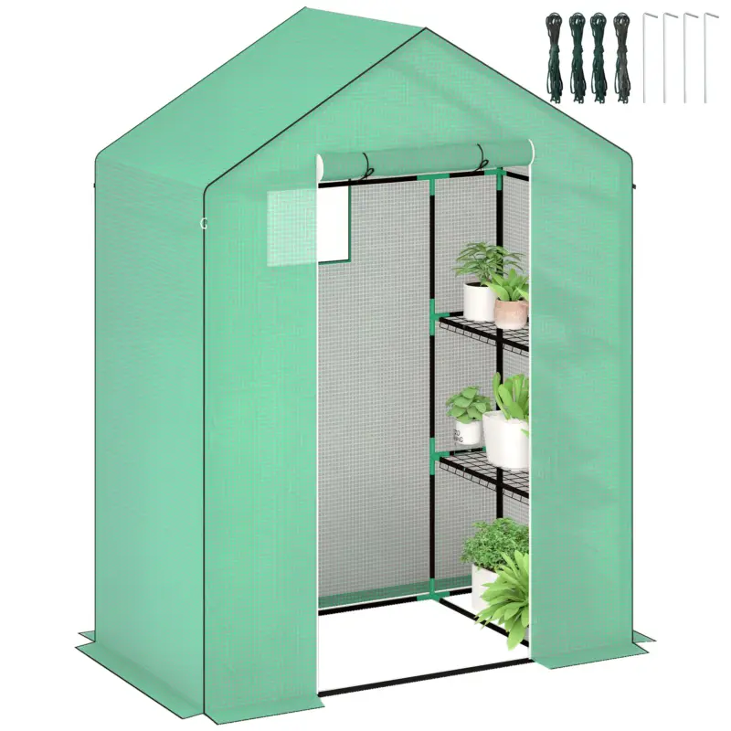 Preț promoțional Outsunny Seră cu rafturi, Mini-seră, rezistentă la UV, fereastră de plasă, ușă cu fermoar, 143L x 74W x 190H cm, Verde