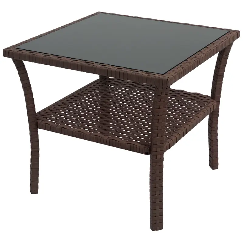 Outsunny Masă de cafea pătrată din rășină împletită, 2 nivele, blat de sticlă securizat, 50x50x45 cm, Maro Plată sigură