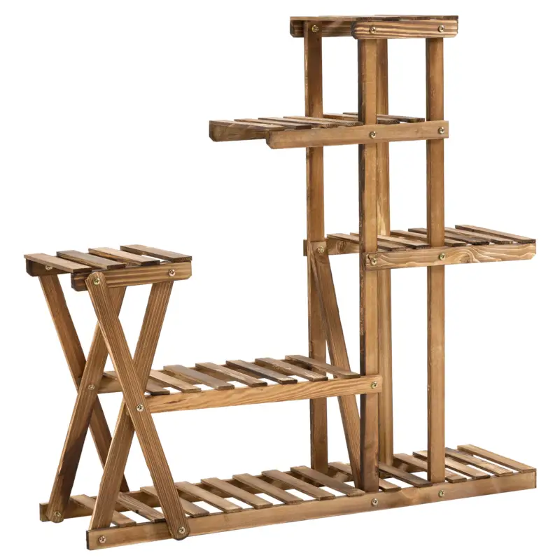 Ofertă exclusivă Outsunny Etajeră lemn 6 rafturi pentru plante 98x28x95 cm, lemn de brad tratat, pentru interior și exterior