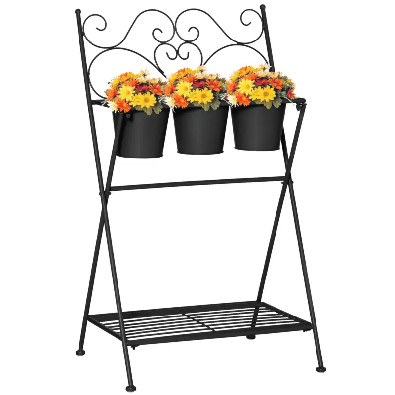 Suport pentru plante din Metal Pliabil Outsunny cu 3 Ghivece, Raft pentru Plante cu Etajera pentru Casa si Gradina, 47x37x78,5 cm, Negru Preferatul clienților
