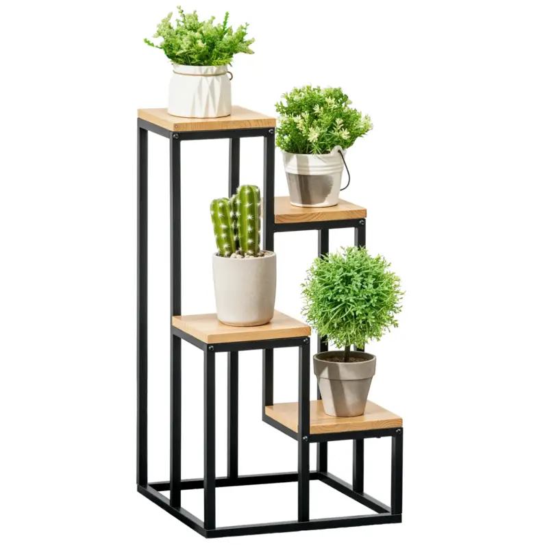 Outsunny Raft pentru Plante cu 4 niveluri din Metal și Lemn de Brad pentru Interior și Exterior, 34x34x66 cm, Natural Reducere extra