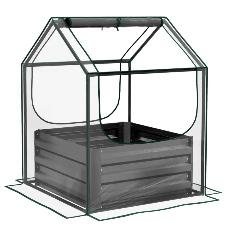 Calitate înaltă Outsunny Pătrat pentru grădină cu mini-seră, jardiniere ridicată din oțel galvanizat, 70 x 70 x 90 cm, gri închis