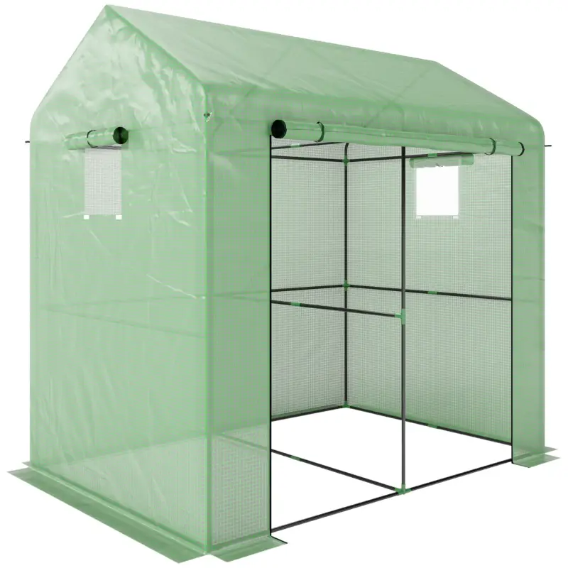 Outsunny Seră tip căsuță cu 2 secțiuni, cu ușă și ferestre rulabile, din oțel și PE, 200x140x200 cm, verde Ofertă de sezon