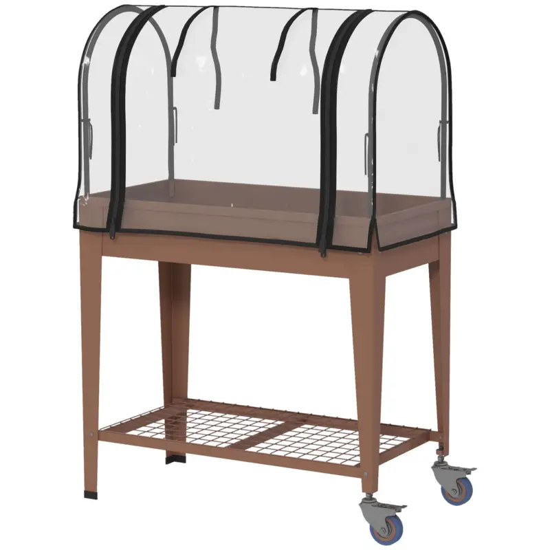 Vezi acum Outsunny Furcă de grădină înălțată cu mini seră pentru plante, roți și raft, 80x40x120cm, maro
