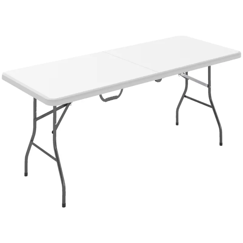 Outsunny Masă de Camping Pliabilă cu Mâner, Cadru Metalic și Blat din Plastic, 180x74x74 cm, Alb Calitate înaltă