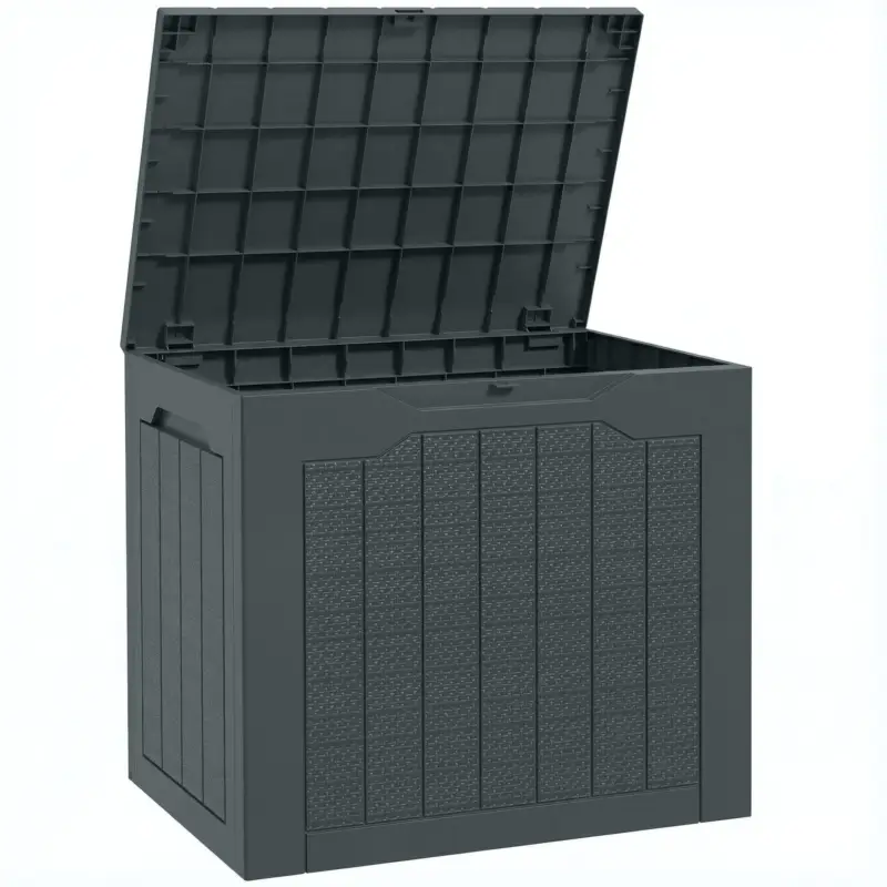 Cel mai bun preț Outsunny Cufăr de depozitare exterior 93 L cu mânere încastrate, cutie de depozitare exterioară etanșă 56 x 41 x 50 cm, gri închis
