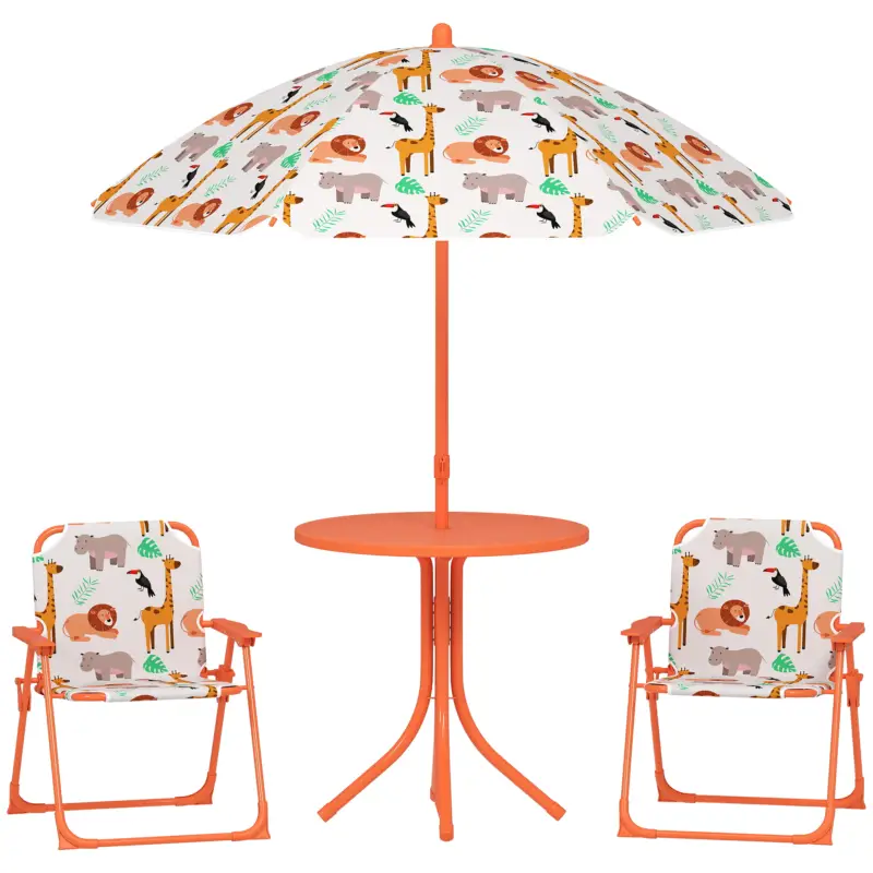 Preț mic AIYAPLAY Masă de Picnic pentru Copii, Set Masă și Scaune cu 2 Scaune Pliabile și Umbrelă Detasabilă, Tematică Junglă, Mobilier de Exterior pentru Grădină, Patio, Portocaliu