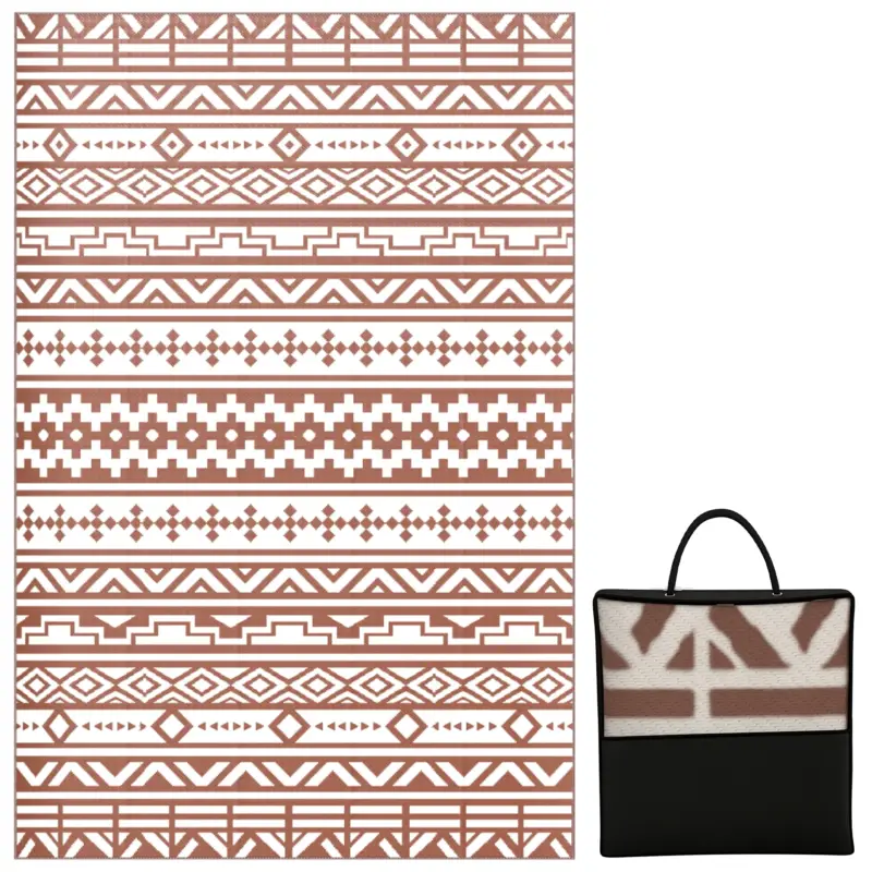 Reducere de preț Outsunny Covor exterior reversibil 1,8 x 2,7 m, covor de sol cu model zid geometric din PP geantă de transport roșu și alb