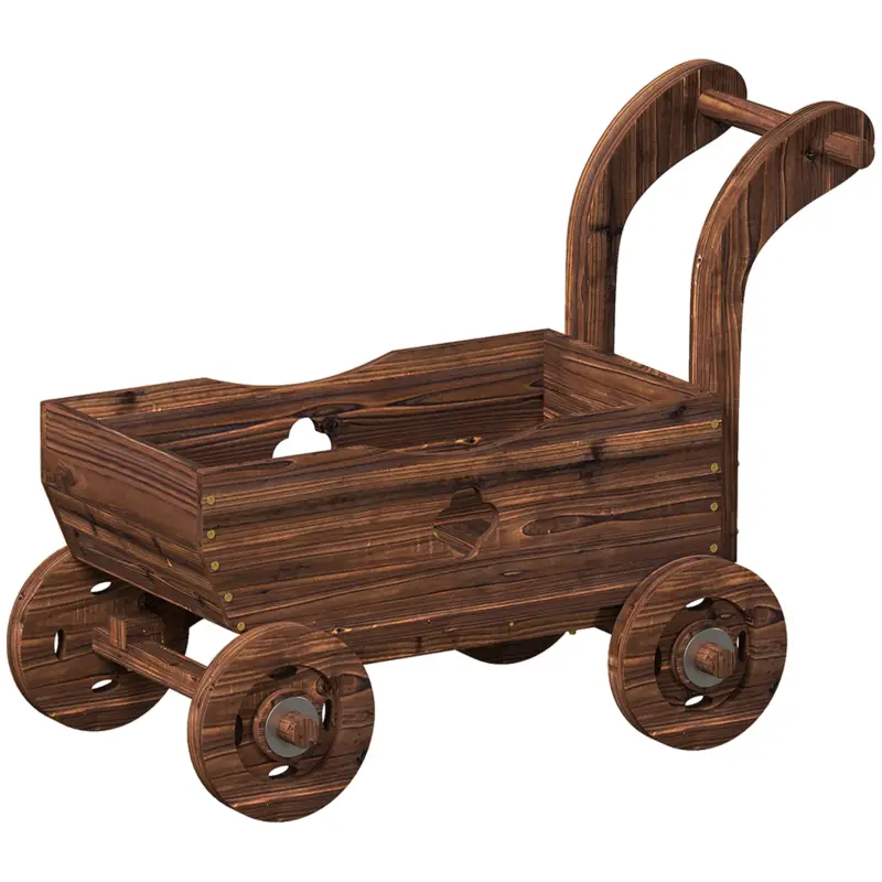 Outsunny Strat Înălțat pentru Grădină în Formă de Cărucior cu 4 Roți și Mâner, Ghiveci din Lemn de Molid cu Găuri de Drenaj, pentru Balcon, Terasă, 68x38x52 cm, Finisaj Carbonizat Livrare expres