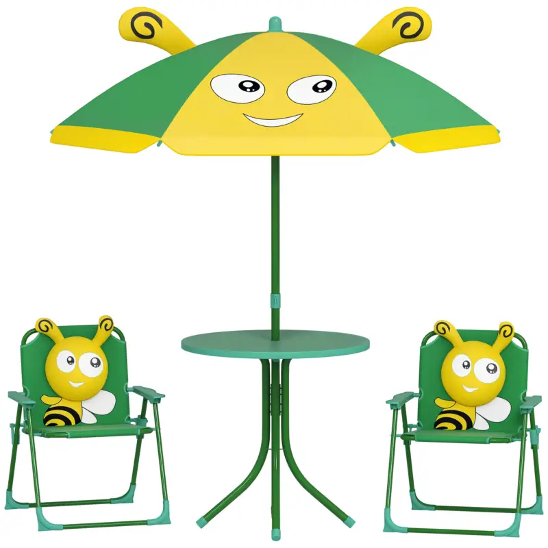Set mobilier de grădină pentru copii AIYAPLAY, Scaune, Masa, Umbrelă, Design de Albinuțe, Verde+Galben Plată sigură
