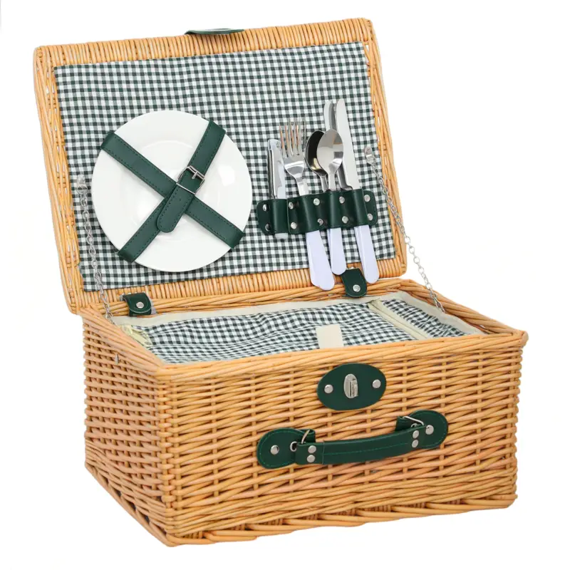 Outsunny Coș de Picnic din Răchită pentru 2 Persoane cu Zonă Frigorifică și Veselă, 40x30x20 cm, Maro Deschis Preț promoțional