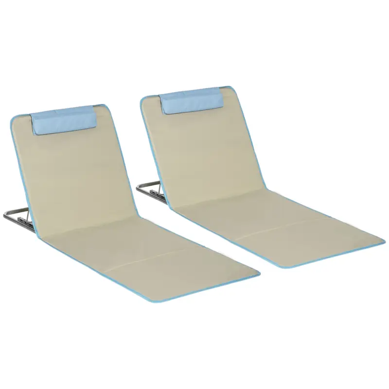 Plată sigură Outsunny Set 2 Șezlonguri de Plajă Pliabile cu Spătar Reglabil și Tetieră, 53x124x35-45 cm, Bej și Albastru