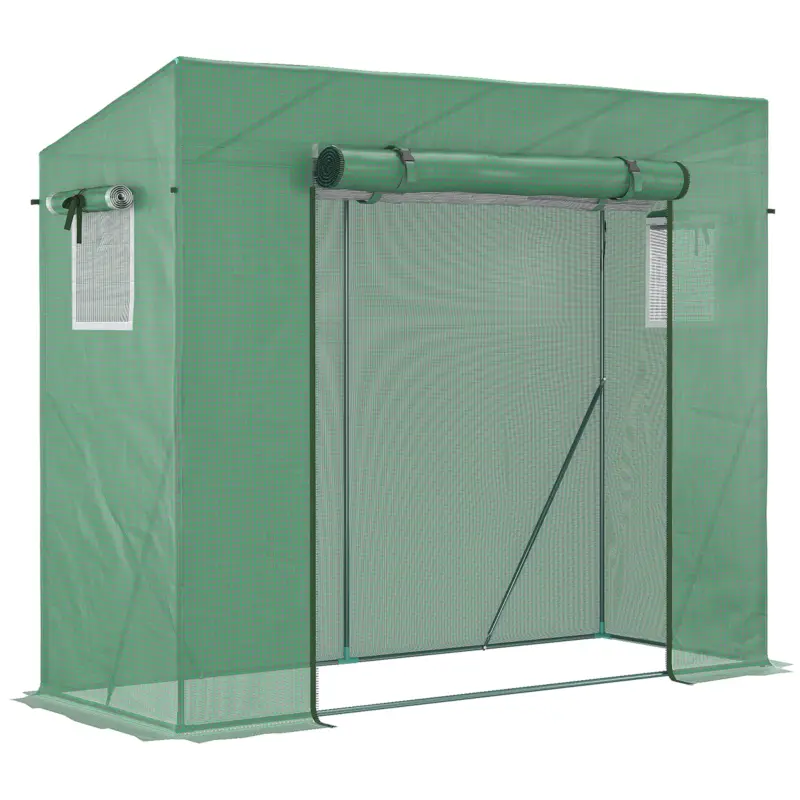 Ofertă de sezon Outsunny Sera de gradina din PE si otel cu 4 carlige, 2 ferestre laterale si copertina superioara ranforsata, 200x77x148-169 cm