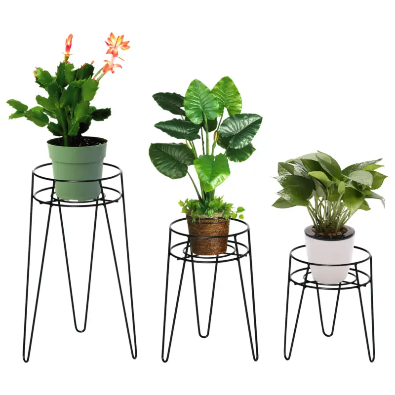 Outsunny Set 3 Suporturi metalice pentru plante, înălțimi 23,5/30/42 cm, suporturi pentru ghivece, negru Reduceri