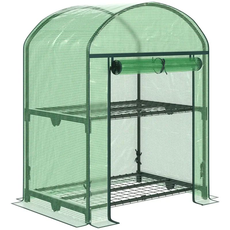 Comandă acum Outsunny Mini Seră de Grădină cu 2 Rafturi Metalice și Acoperiș PE, Seră Compactă pentru Balcon și Terasă, 69x49x91 cm, Verde