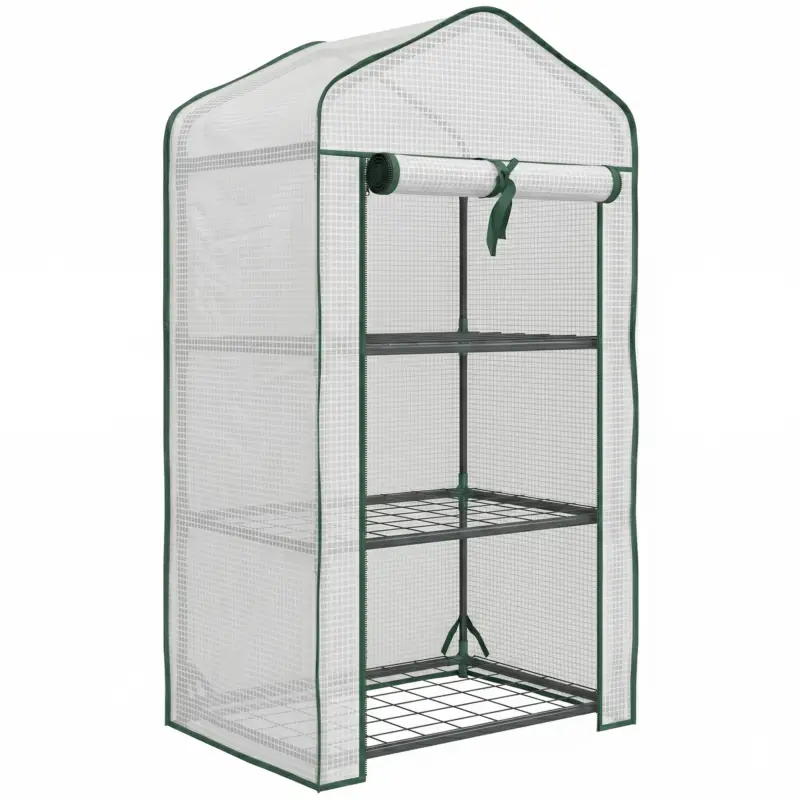 Outsunny Mini seră de grădină cu acoperire din PE, 3 rafturi și ușă rulabilă, 59x39x127cm, Alb Livrare expres