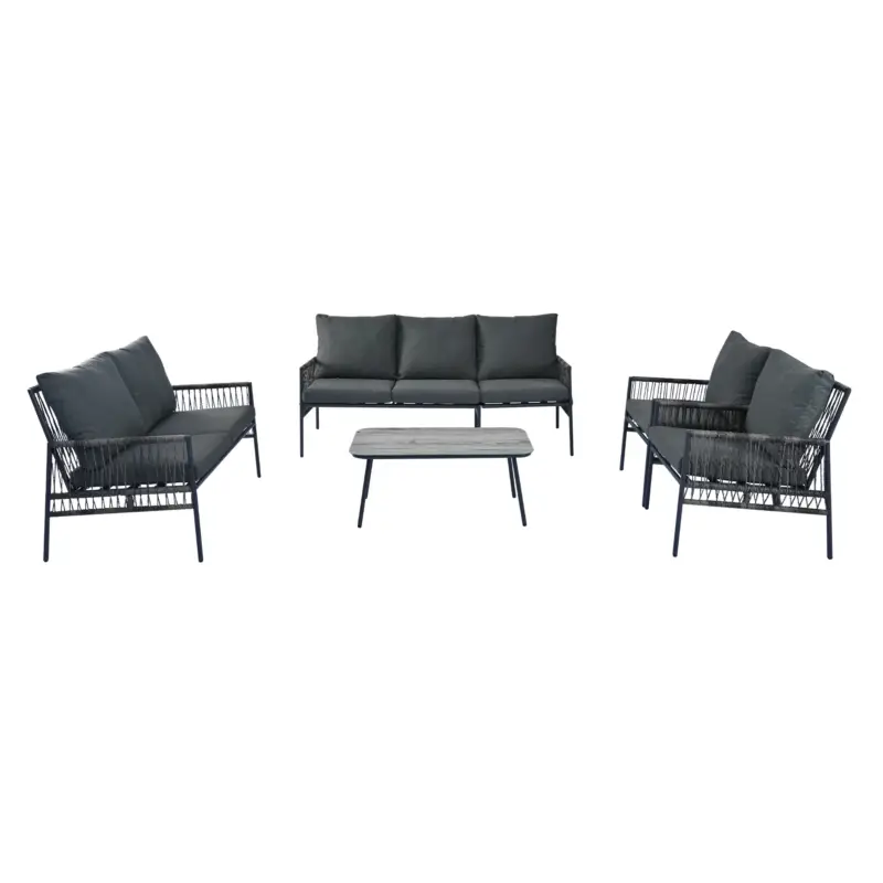 Super ofertă Set mobilier de grădină 7 locuri din PE-ratan și oțel zincat, măsuță cu blat din sticlă temperată cu efect lemn, perne lavabile, Gri