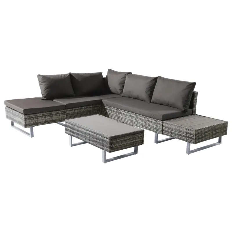 Plată sigură Set de grădină 4 piese din poli-rattan pentru 4-5 persoane cu colțar, masă și perne, huse lavabile, Gri