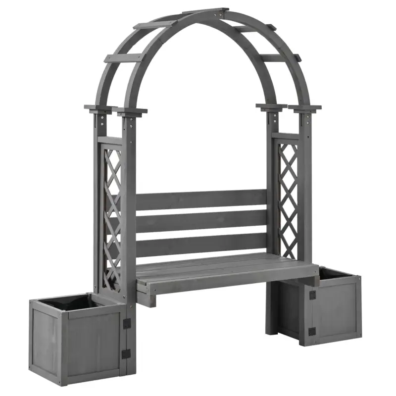 Bancă pergolă cu jardiniere și grilaj curbat, funcție triplă: bancă de șezut, jardiniere și suport pentru plante cățărătoare, 160x30,5x160 cm, Gri Reducere de preț