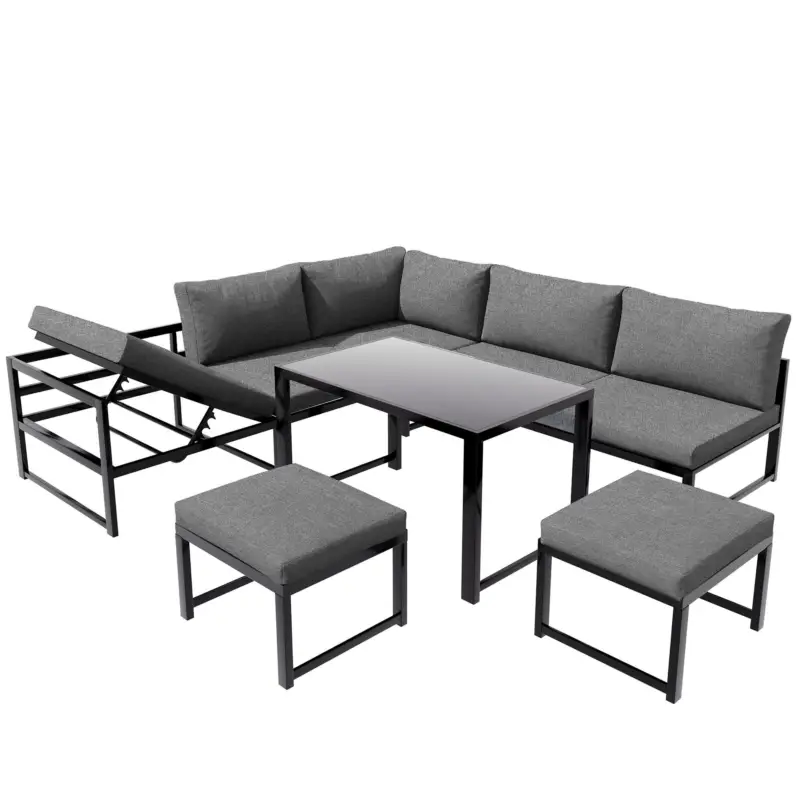 Disponibil imediat Set de mobilier de grădină din 5 piese, grup de ședere cu spătar reglabil, Negru+Gri
