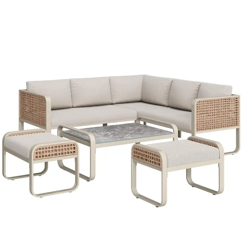 Livrare expres Set de lounge pentru grădină pentru 6-7 persoane, mobilier din ratan cu cadru din fier galvanizat și picioare reglabile, inclusiv perne pentru șezut și spate, Bej