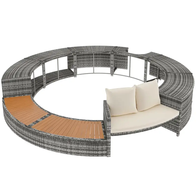 Set de lounge pentru grădină cu canapea rotundă, picioare ajustabile, include perne, pentru jacuzzi și piscină, Gri Expediere rapidă
