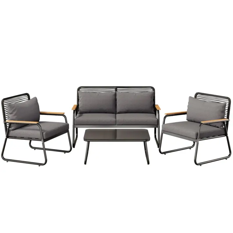 Preț promoțional Set de lounge pentru grădină pentru 4 persoane, cu canapea dublă, 2 canapele individuale și 1 măsuță de cafea, Negru