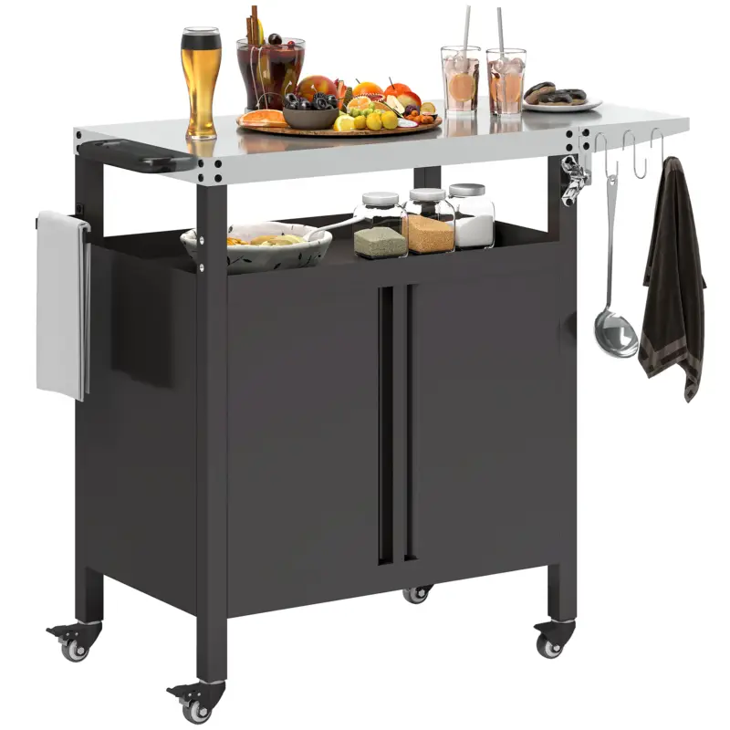 Outsunny Cărucior pentru Barbecue cu Dulap, Raft Deschis și Masă Laterală, din Oțel Inoxidabil, 116x50x93 cm, Negru Disponibil imediat