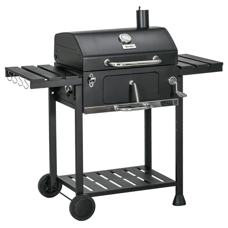 Cumpărături sigure Outsunny Grătar cu Tavă de Cărbune Reglabilă, Grilaj de Grătar din Oțel Galvanizat cu Rafturi de Depozitare, 120x64x114 cm, Negru