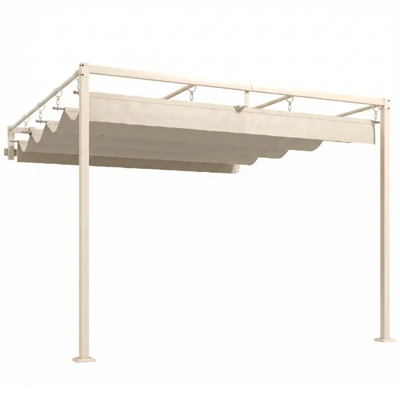 Premium Outsunny Pergolă Gazebo 3x3 m cu Acoperiș Retractabil, Orificii de Drenaj, Pergolă de Grădină din Poliester și Oțel, pentru Patio, Terasă, Exterior, UV30+, Bej