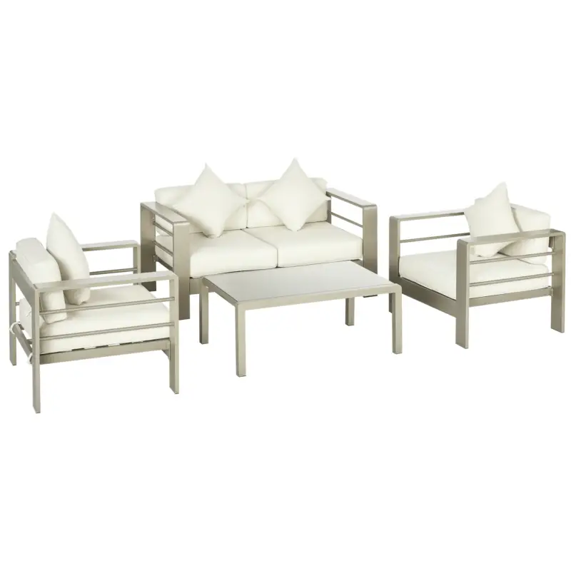 Outsunny Set de mobilier de gradina din 4 piese, cadru de aluminiu, mobilier de curte, cu sezut cu perne gros, 2 scaune si masa de sticla, Auriu șampanie Plată sigură