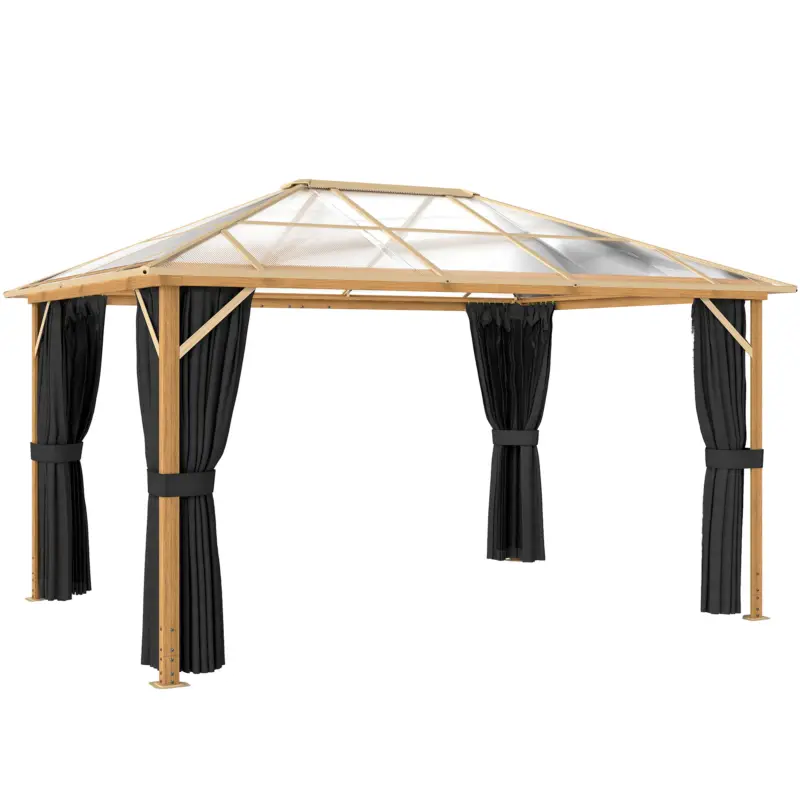 Outsunny Pavilion de grădină cca. 4x3 m Aluminiu cu acoperiș din policarbonat 6 mm, plasă anti-țânțari, 4 laterale, aspect lemn, Lemn natural Doar azi