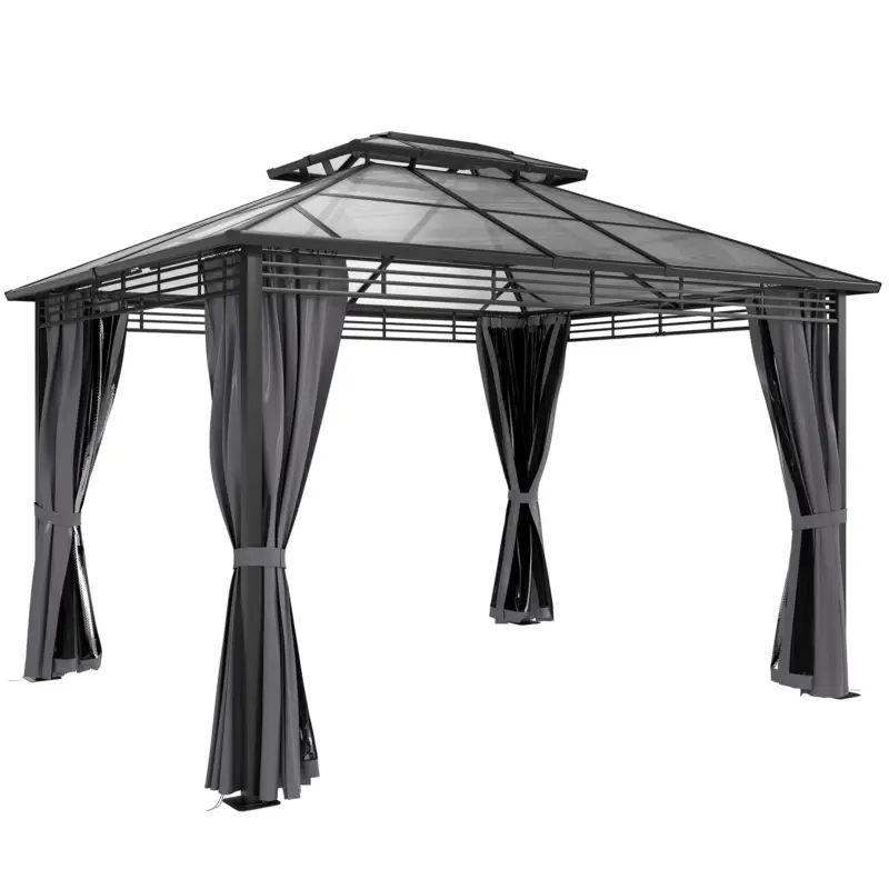Plată securizată Outsunny Pavilion de grădină ca. 3,6x3m Pavilion din aluminiu cu dublu acoperiș din policarbonat de 6 mm, plasă de țânțari, 4 părți laterale, gri închis