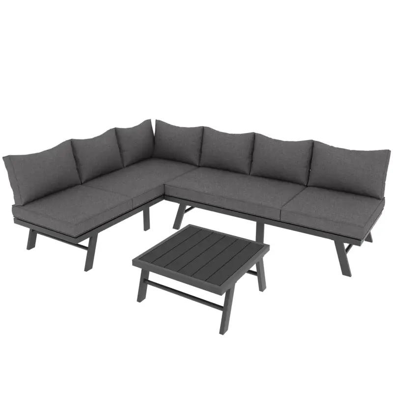 Set mobilier de grădină pentru 5-6 persoane, cu 2 canapele cu 3 locuri, 1 masă, inclusiv 7 perne gri, Gri Cumpără acum