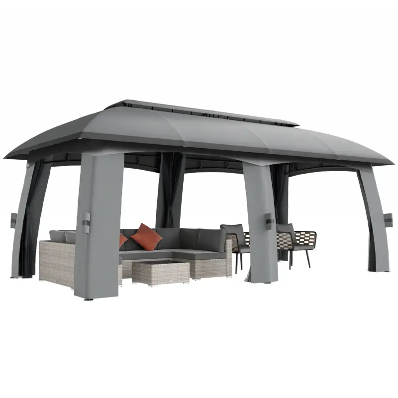 Ultima șansă Outsunny Pavilion, Cort de petreceri, cu plase anti-insecte, plafon rezistent la vânt, pentru până la 15 persoane, gri închis, 3 x 6 x 3 m