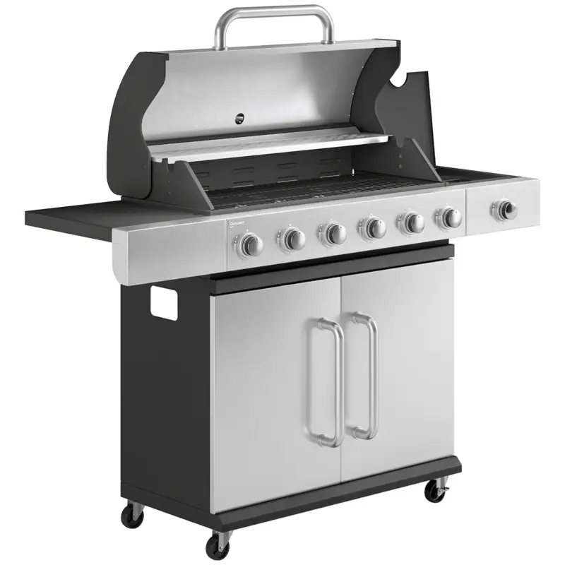 Outsunny Grătar pe gaz 18,6 kW 6+1 arzătoare, cărucior BBQ din oțel inoxidabil cu roți, termometru, raft încălzire, masă laterală, dulap inferior Ofertă de sezon
