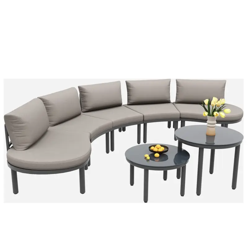 Mai ieftin Set mobilier de grădină 5 locuri, 2 mese de cafea din sticlă securizată, perne și saltele confortabile, Gri