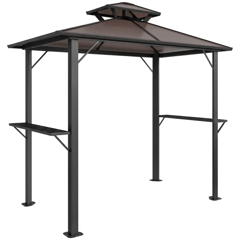 Reducere extra Outsunny Pavilion pentru grătar 2,5 x 1,5 m, adăpost impermeabil cu acoperiş dublu din policarbonat, raft lateral, maro