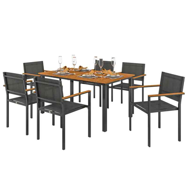 Cumpără acum Outsunny Set de Grădină din 7 Piese cu Masă și 6 Scaune Stivuibile cu Brațe, 150x90x75 cm, Lemn Natural