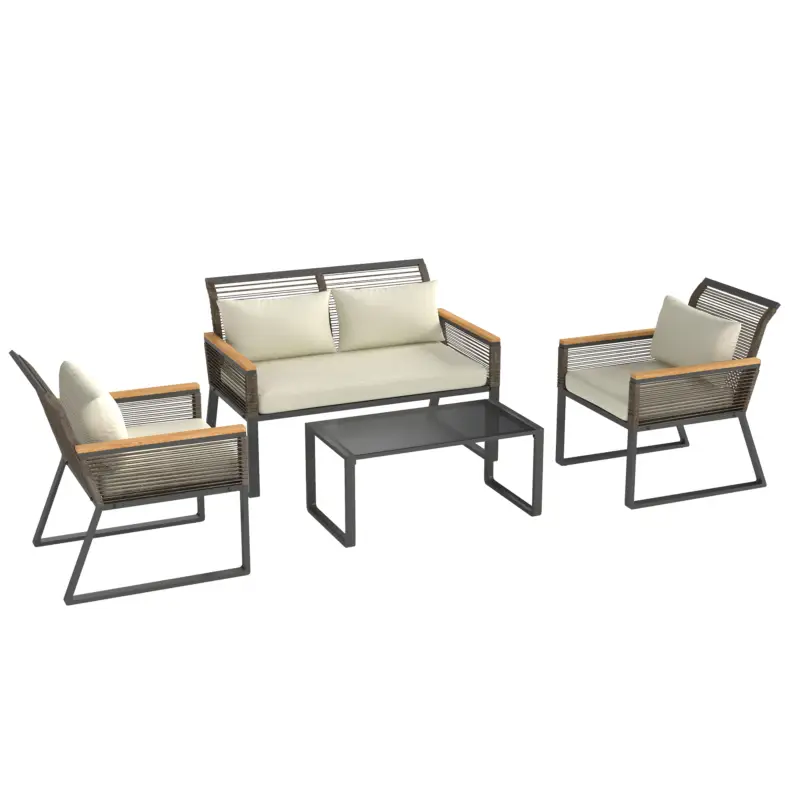Popular Outsunny Set mobilier de grădină din polyrattan pentru 4 persoane, rezistent la intemperii, set balcon cu canapea 2 locuri, 2 scaune, masă cu sticlă, perne Bej