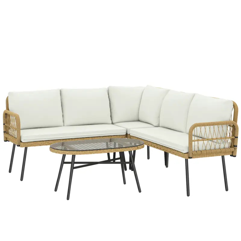 Reduceri Outsunny Set mobilier din Polyrattan 4 piese, set lounge cu canapea de colț canapea dublă masă din sticlă perne detașabile până la 5 persoane