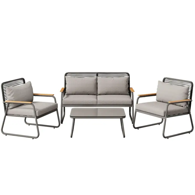 Plată sigură Set de lounge pentru grădină pentru 4 persoane, cu canapea dublă, 2 canapele individuale și 1 măsuță de cafea, Gri