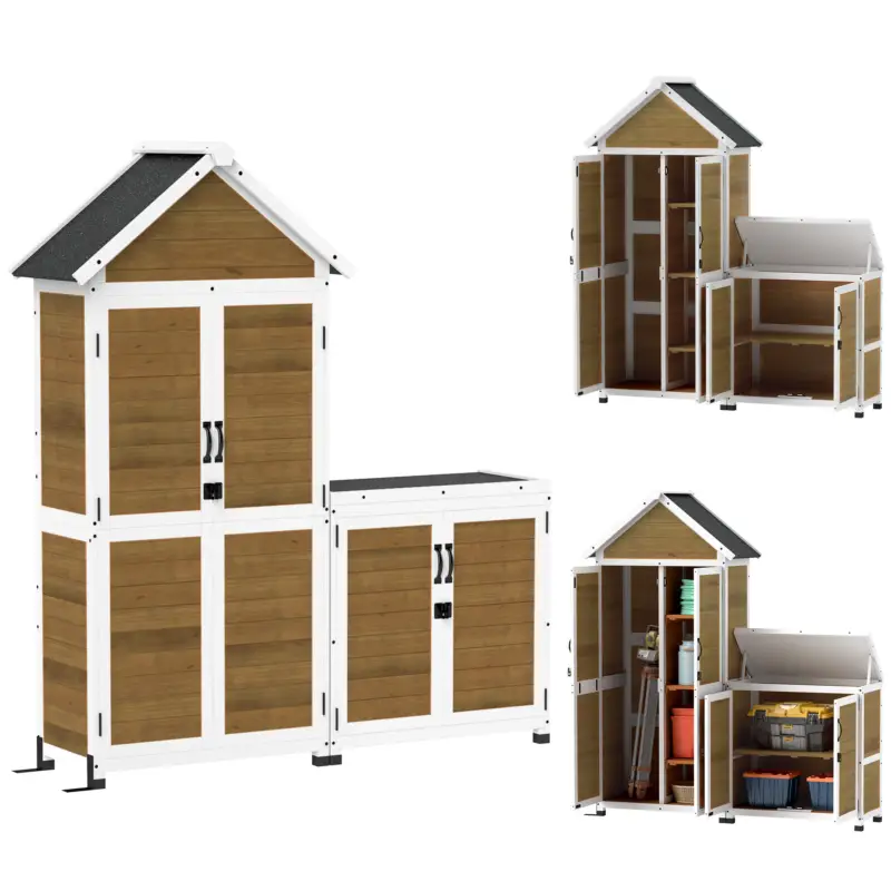 Super ofertă Outsunny Abri de jardin + armoire de rangement en bois cu toit incliné en asfalt, rafturi și uși blochează, natural