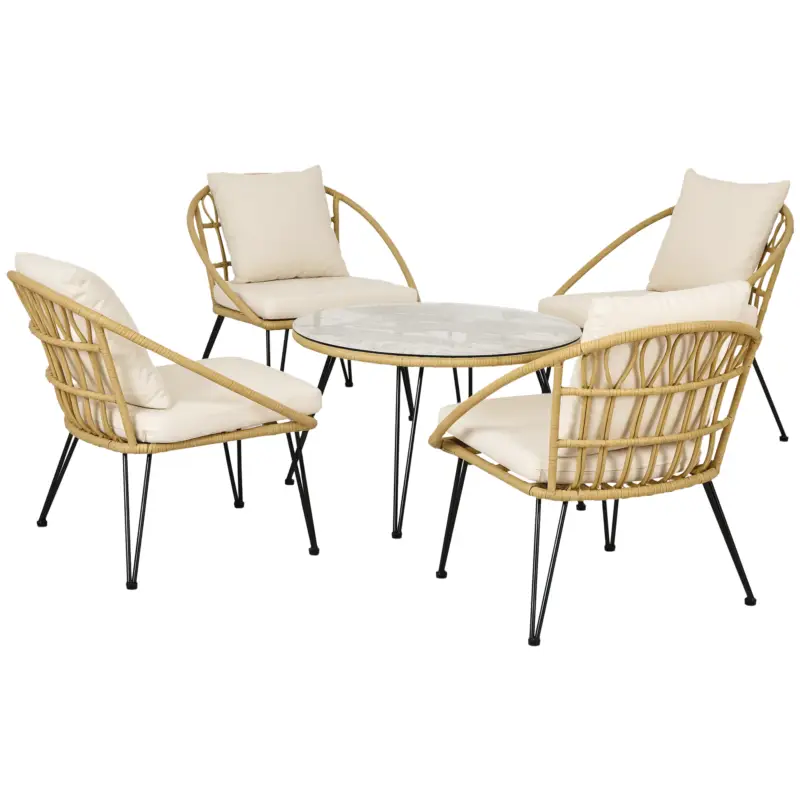 Outsunny Set Grădină din Ratan din 5 Piese, Set de Exterior cu Masă Rotundă și 4 Scaune cu Perne, 82x82x50 cm, Bej Reducere