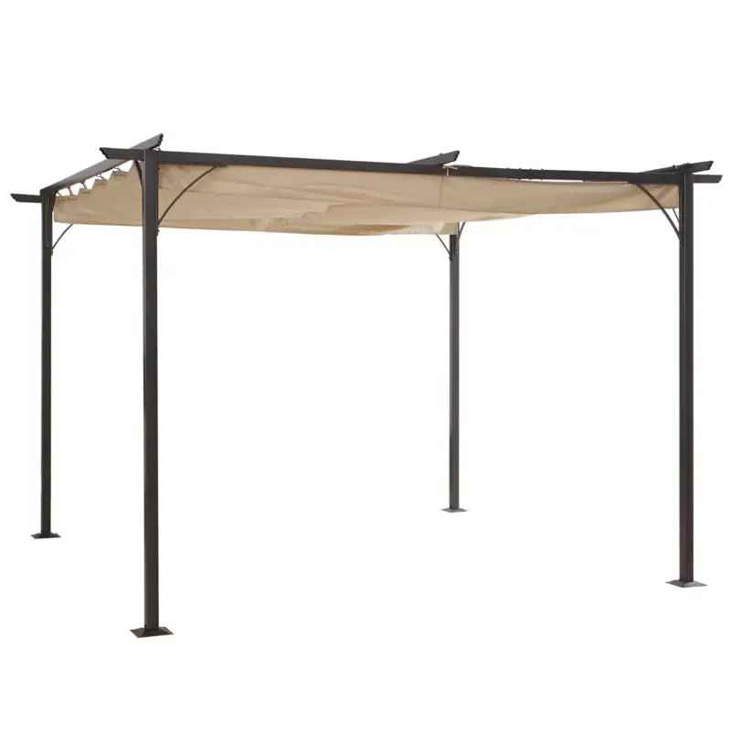 Outsunny Foisor Acoperis de Gradina Parasolar Retractabil Rama Neagra Perdea Bej 350 x 350 x 230cm Super ofertă