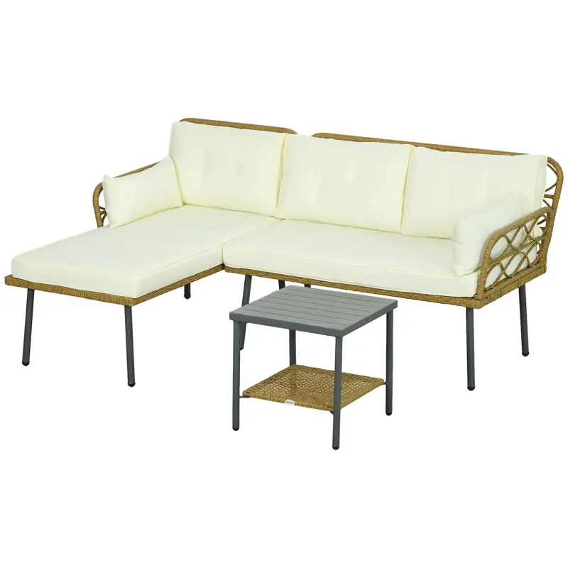 Outsunny Mobilier de Grădină din Ratan PE cu Șezlong, Canapea cu 2 Locuri și Măsuță, Crem Plată sigură