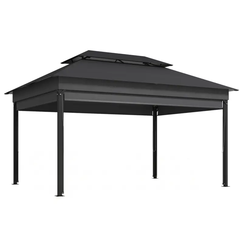 Outsunny Foișor de Grădină 4x3 m cu Perdele Laterale Rulante, Foișor Exterior cu 8 Orificii de Drenaj, Acoperiș Dublu și Structură Metalică, pentru Grădină, Balcon, Petreceri, Curte, Terasă, Gri Închis Reducere specială