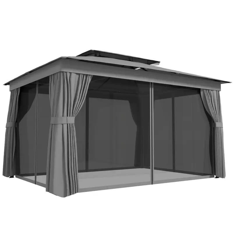 Preț mic Outsunny Foișor de Grădină cu Acoperiș pe 2 Nivele, Plase de Țânțari și Perdele, din Metal și Poliester, 380x300x270 cm, Gri Închis
